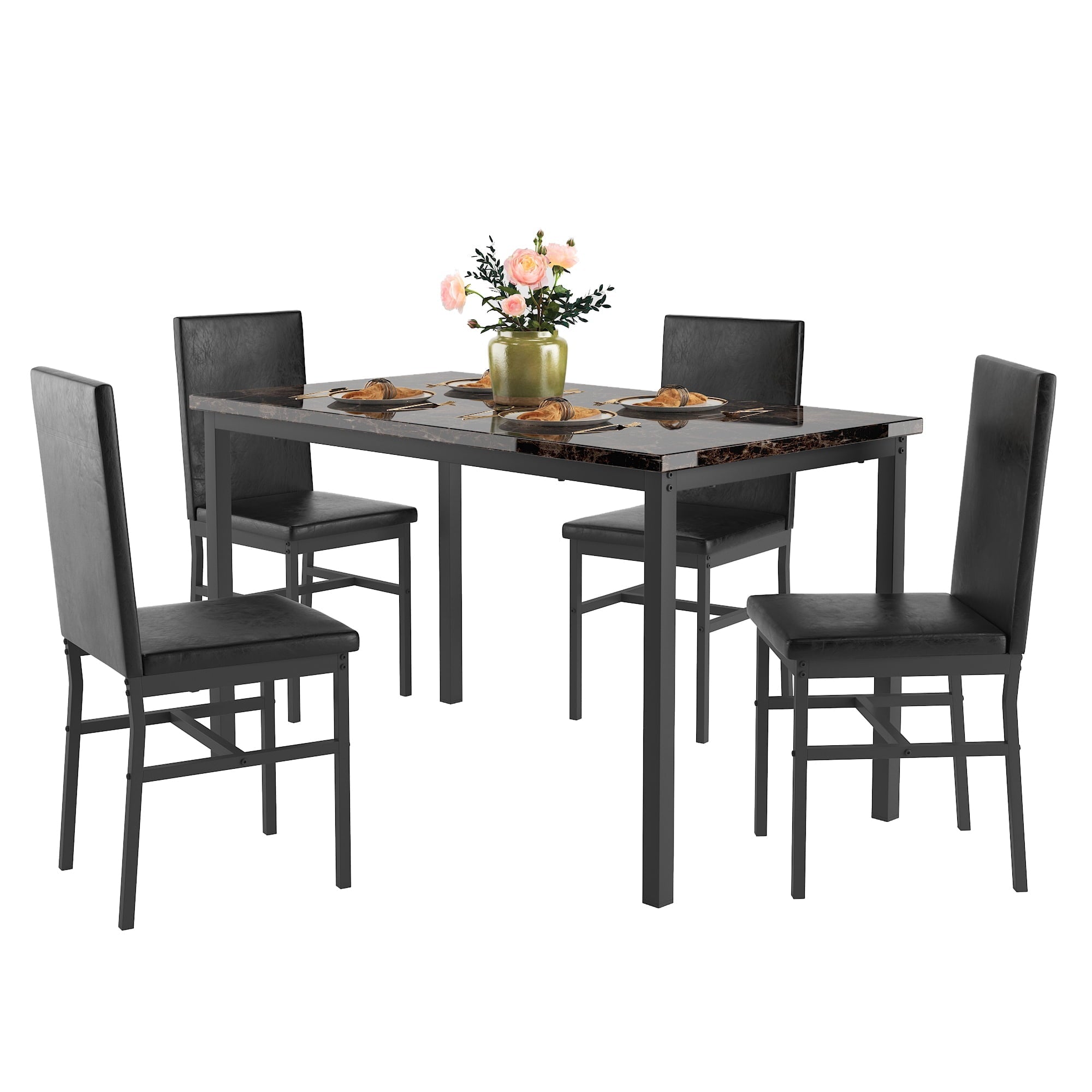 uhomepro 5-Piece Dining Room Table Set for 4 Person, Elegant Dining Table Set, Home Kitchen Table with 4 PU Leather Chairs and Metal Dining Room Modern Furniture