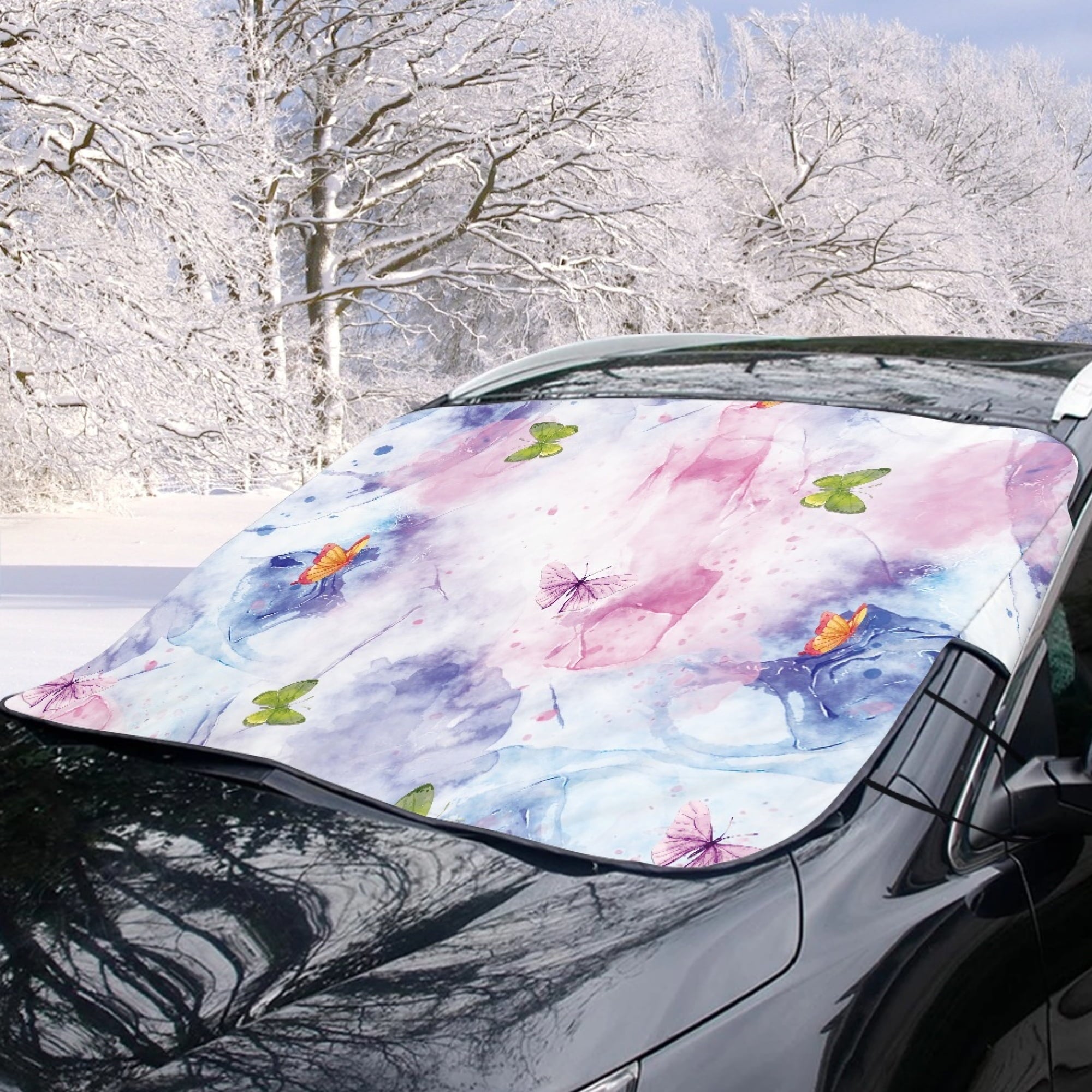 Bivenant Store Butterfly Car Windshield Snow Cover,Winter Frost Windshield Snow Ice Removal Cover/Protector,Waterproof Windproof Sunshade Snow Cover Fits Most Cars,Trucks,Vans,SUVs