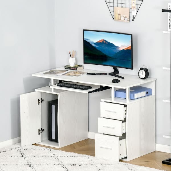 47.25 in. W White Computer Desk with Keyboard Tray and Storage Drawers