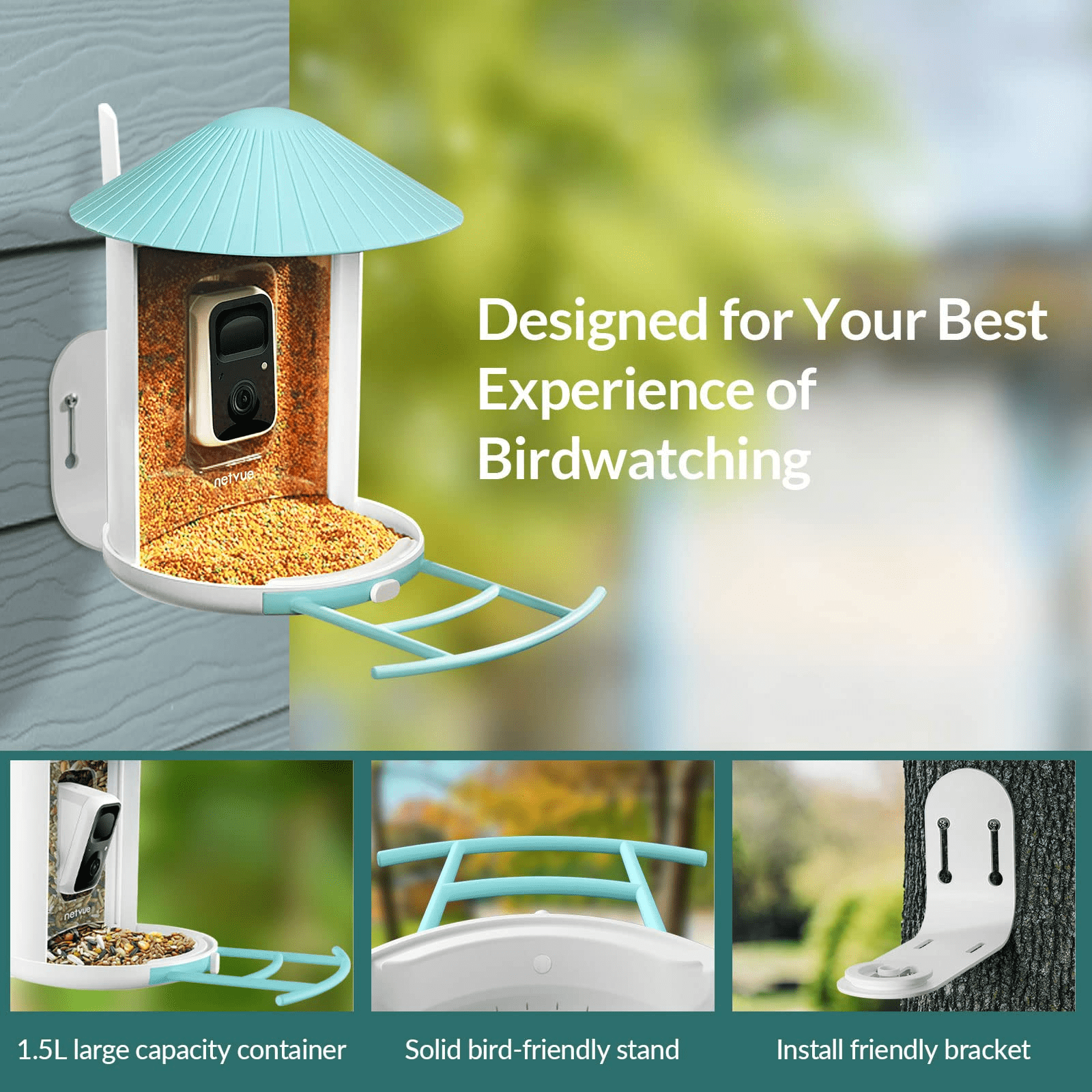 Bird Feeder with Camera, Netvue Birdfy Smart Bird Feeder with AI Identify 6000+ Bird Species Phone App Night Vision for Bird Watching, Gifts for Parents, Blue (Birdfy AI+Solar)