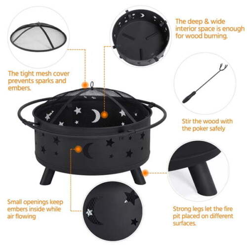 Iron Fire Pit Set Heating Equipment Camping Fire Bowl with Poker Mesh Cover BBQ