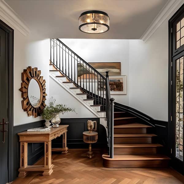 Modern 12 in. 3-Light Black Flush Mount Light, Farmhouse Seeded Glass Brass Ceiling Light