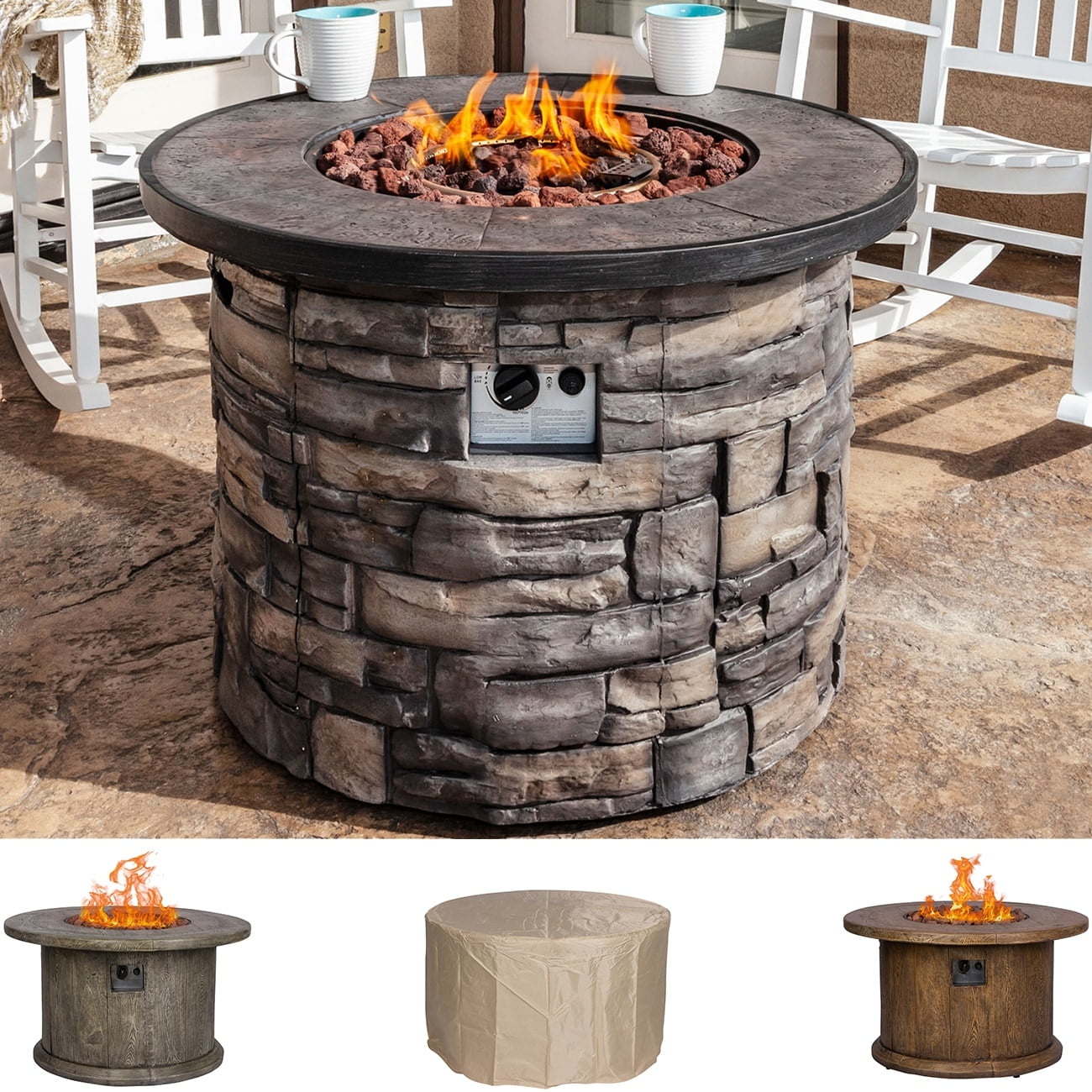 Shine Company Sevilla 35 in. Round Outdoor Fire Pit Table - Stone