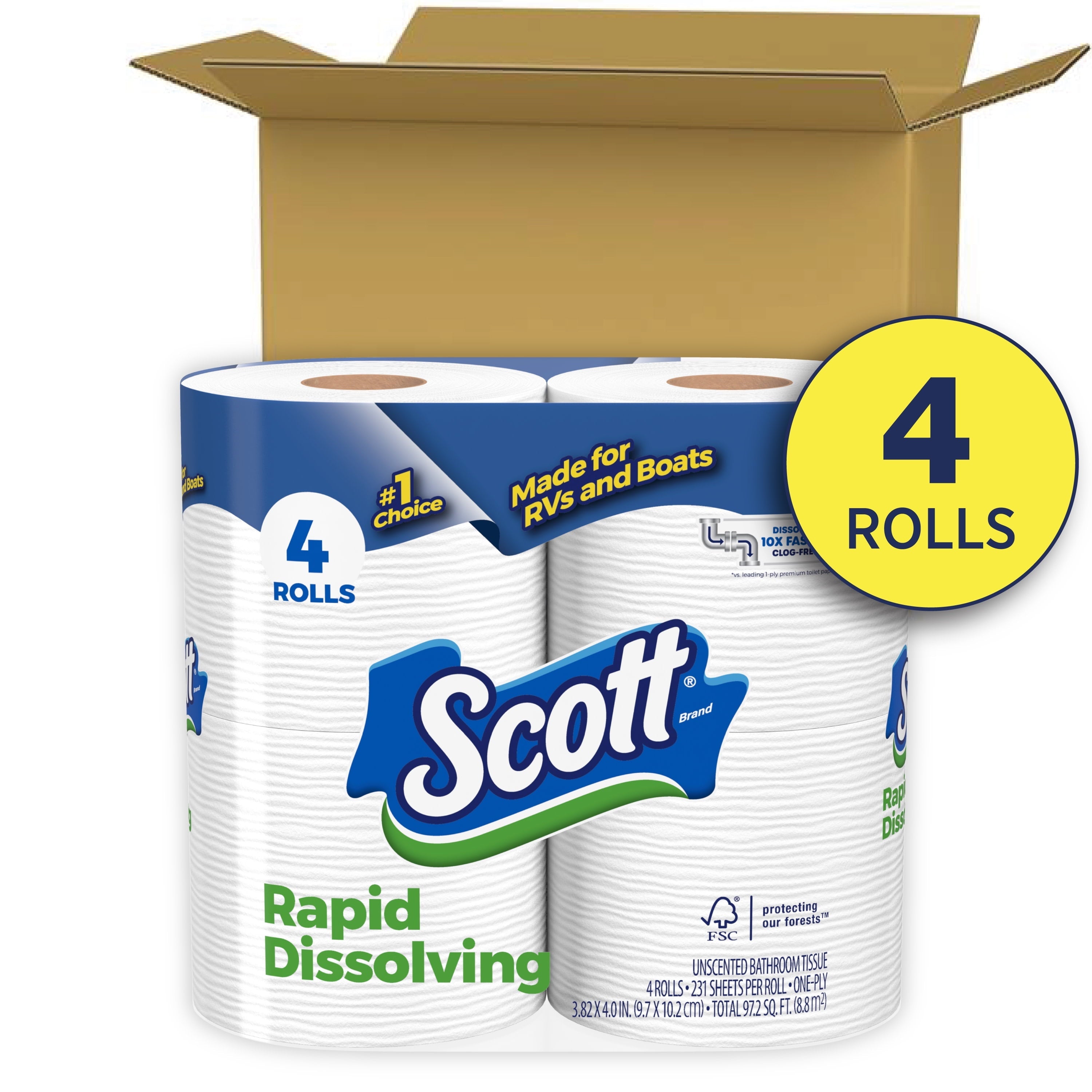 Scott Rapid-Dissolving Toilet Paper, 4 Double Rolls, 231 Sheets Per Roll (924 Total)