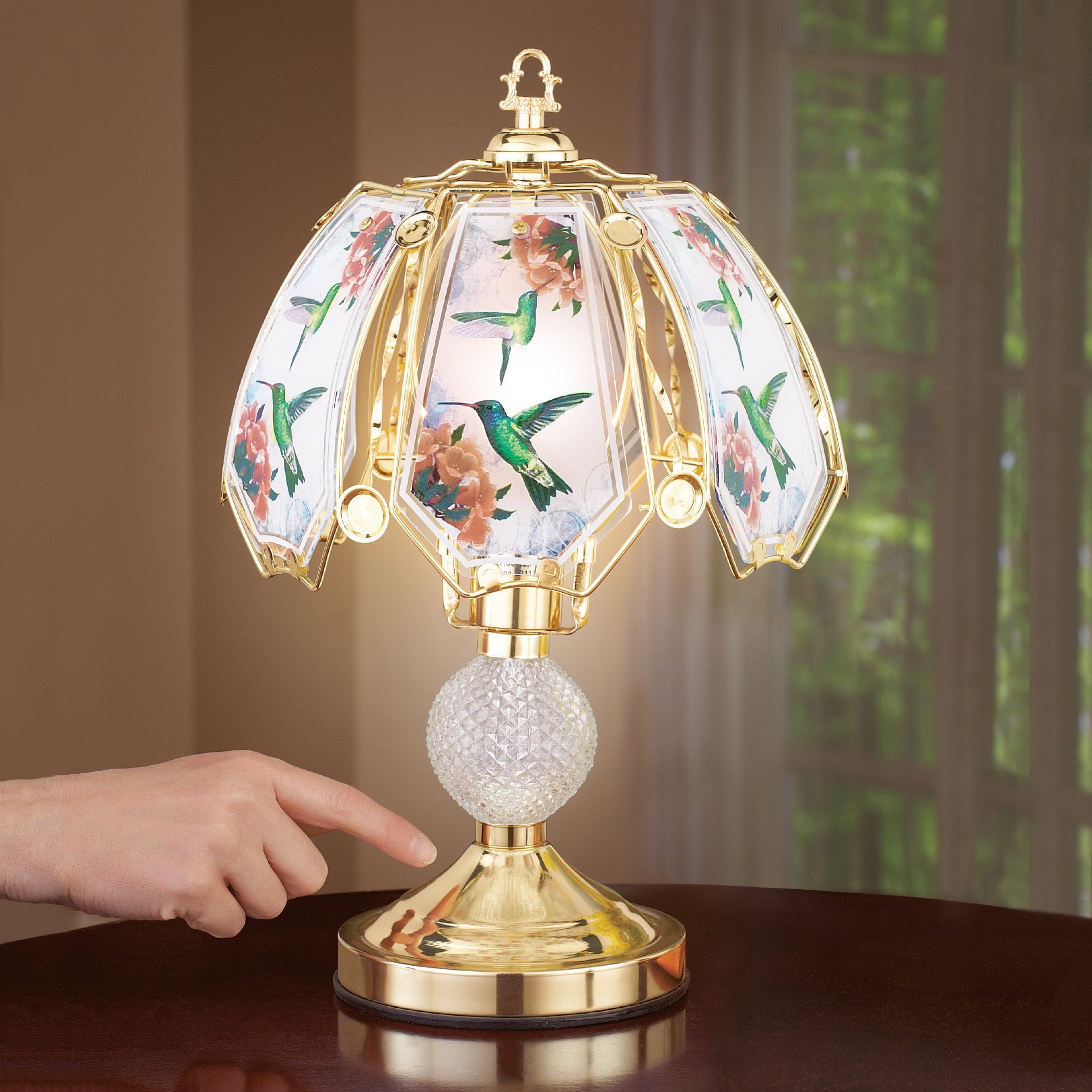 Collections Etc Touch Base Hummingbird Lamp with Gold-Tone Base and Colored Glass Panels, Tabletop Decorative Accent for Any Room in Home