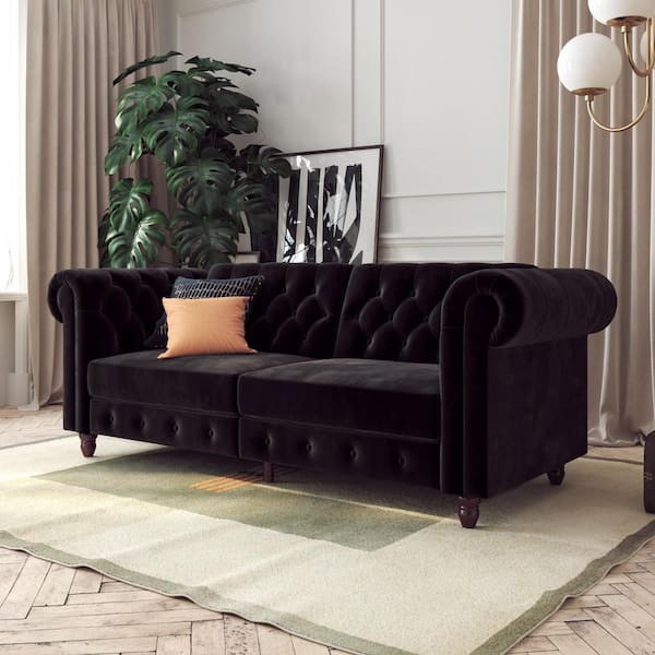 Furini Black Velvet Sofa Futon Mattress