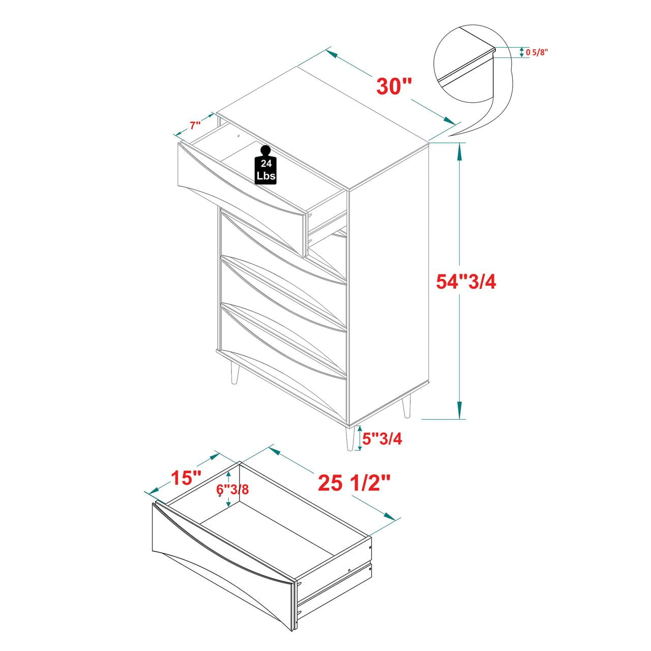 Walker Edison 30” Mid-Century Modern Curved Front 5-Drawer Dresser, Caramel