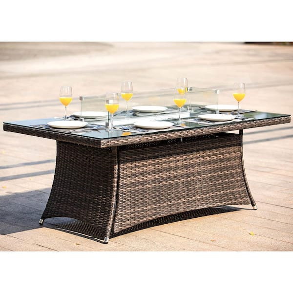 Firefly Brown Wicker Rectangular Propane Fire Pit Table with Tempered Glass Surround
