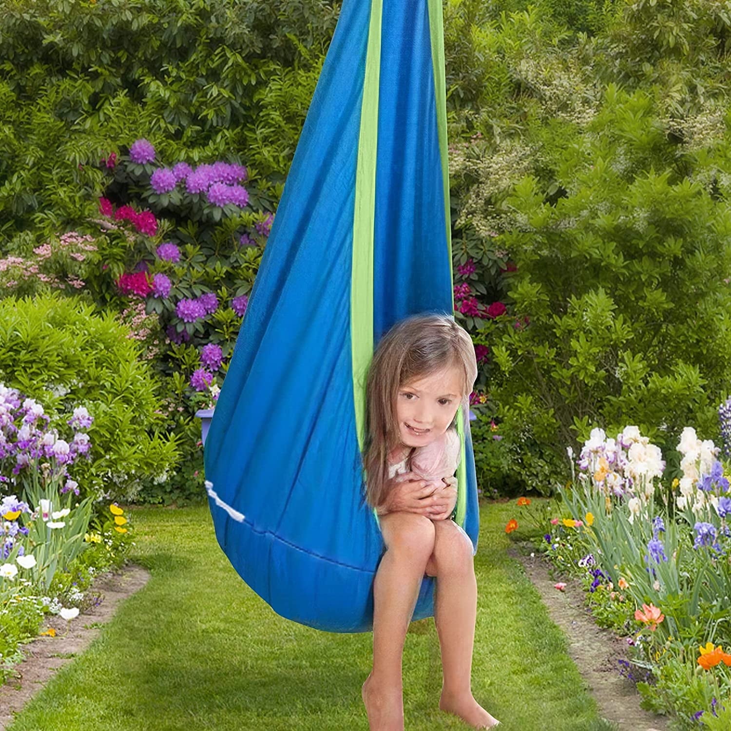 Kids Pod Swing Indoor Hanging Hammock Seat 100% Cotton with All Accessories, Sensory Swing for Kids with Removable Cushion, 300 Lbs, Blue…