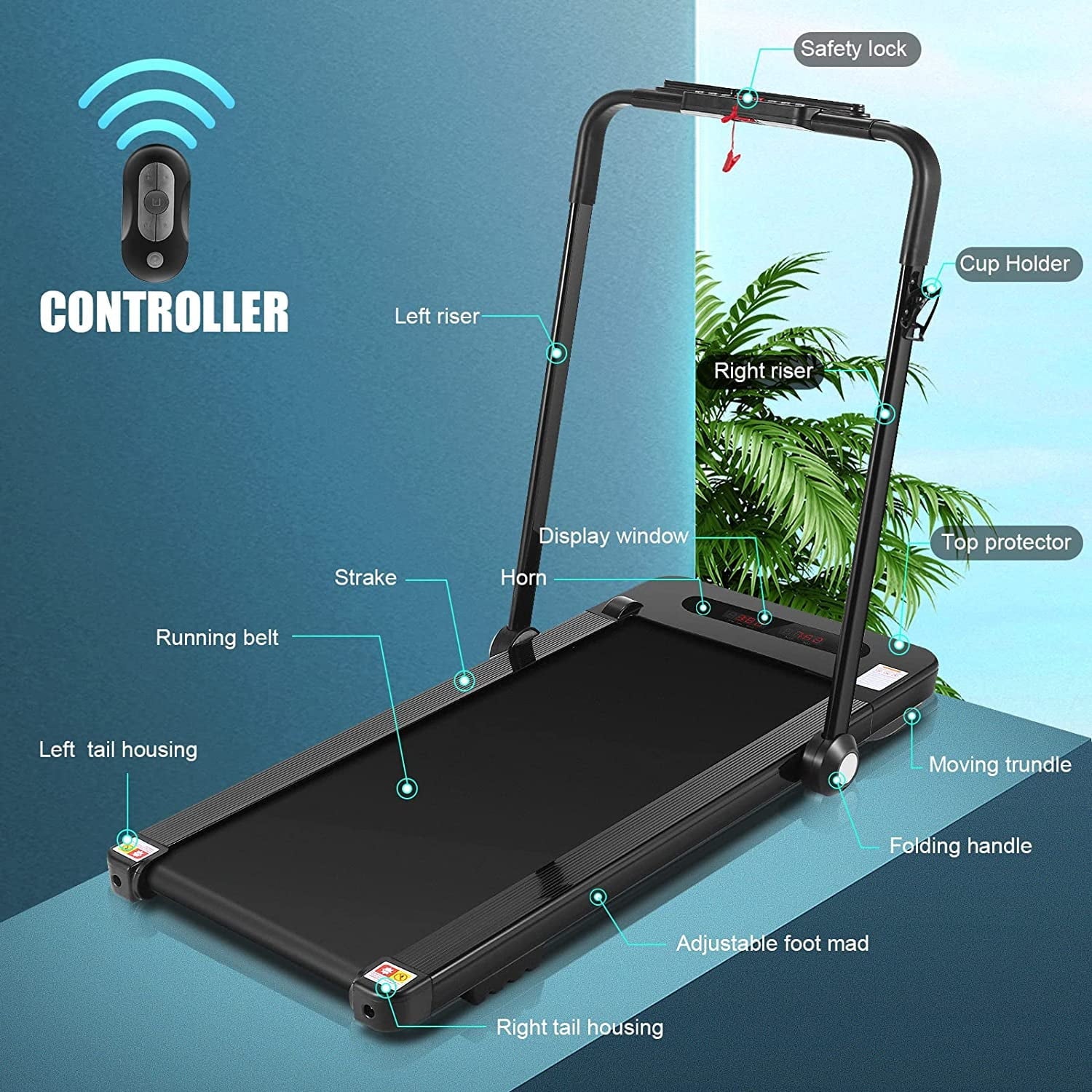 Adnoom Folding Treadmill 2.25HP Under-Desk Treadmill for Home Office Gym Compact Walking Jogging Running Machine with Remote Control,Bluetooth Speaker LED Display, Water Bottle Cage