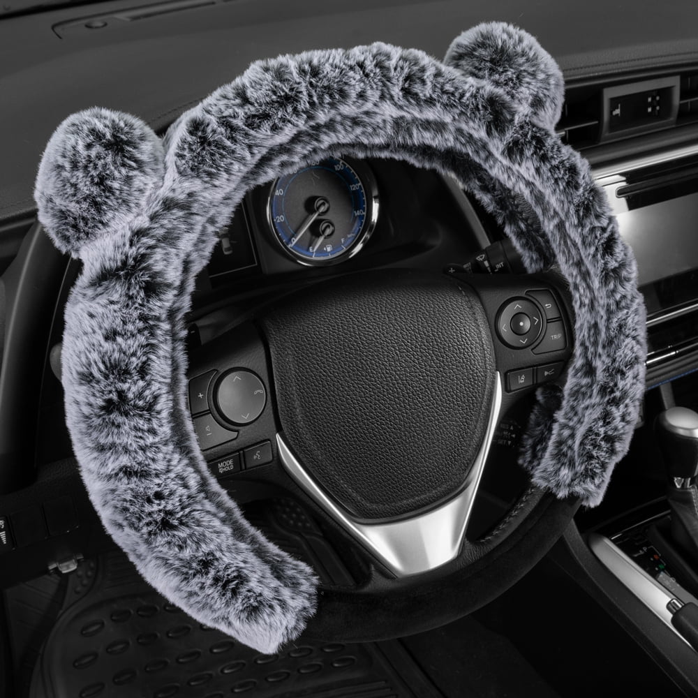 BDK Bear Fur Plush Steering Wheel Cover - Cute Faux Wool Protector Universal Size (Gray - With Ears)