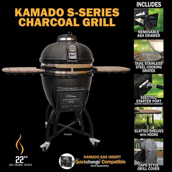 22 in. Kamado S-Series Ceramic Charcoal Grill in Black with Cover, Cart, Side Shelves, Two Cooking Grates and Ash Drawer