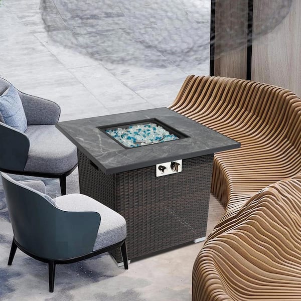 Brown Square Steel 30 in. 40000 BTU Propane Fire Pit Table with Glass Rocks and Rain Cover