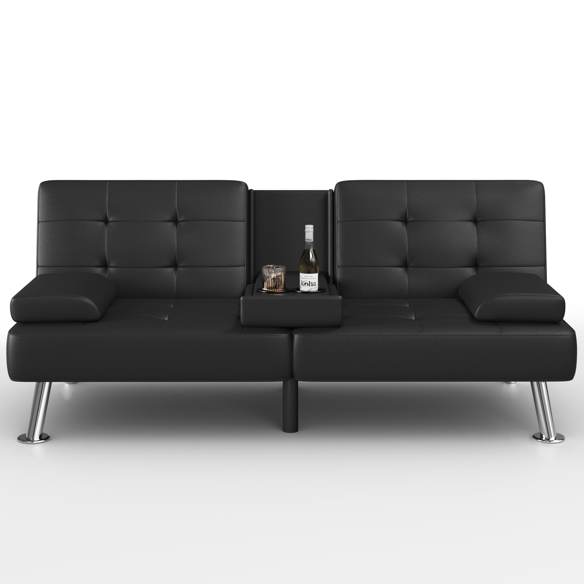 Devoko Modern Faux Leather Futon Sofa Bed Convertible Folding Sofa Bed Removable Armrests and 2 Cup Holders ,Black