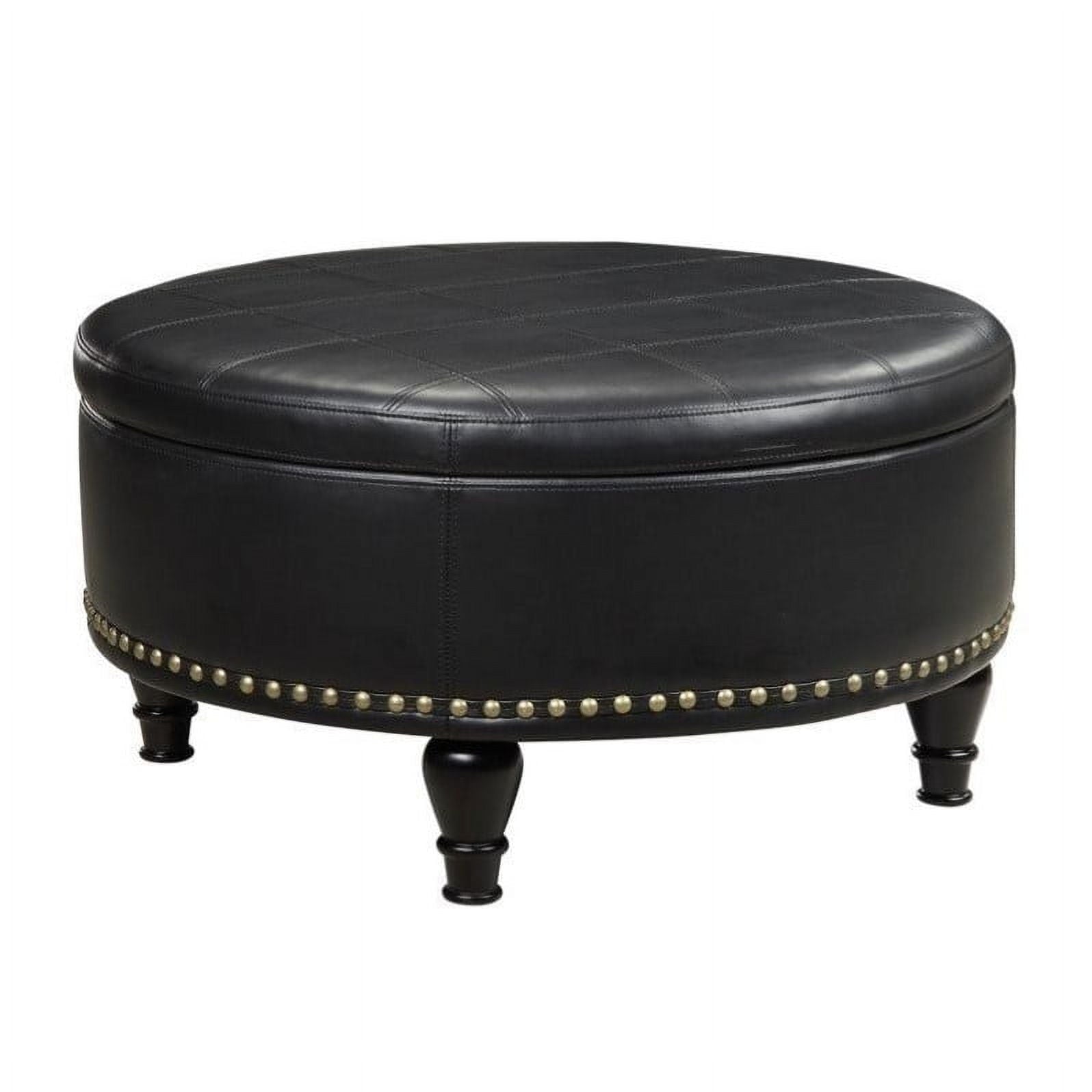 OSP Furniture Home Furnishings Augusta Round Storage Ottoman in Espresso Bonded Leather with Decorative Nailheads
