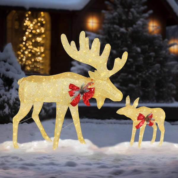 48 in. Warm White LED Moose Christmas Holiday Yard Decoration in Gold (2-Piece)
