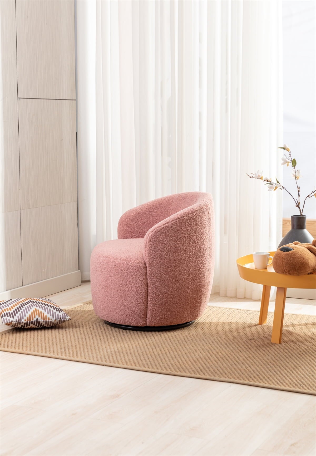 Swivel Accent Chair,Modern 360°Swivel Barrel Chair Leisure Chair,Accent Round Barrel Chair Reading Chair,Round Bucket Arm Chair with Comfy Tufted Back for Living Room Bedroom,Light Pink