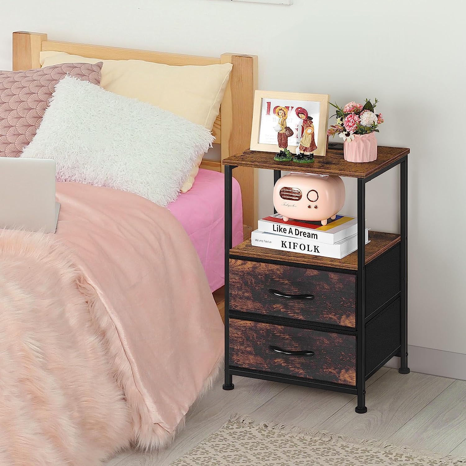Brown Nightstand with 2 Fabric Drawers End Table with Charging Station Set of 2