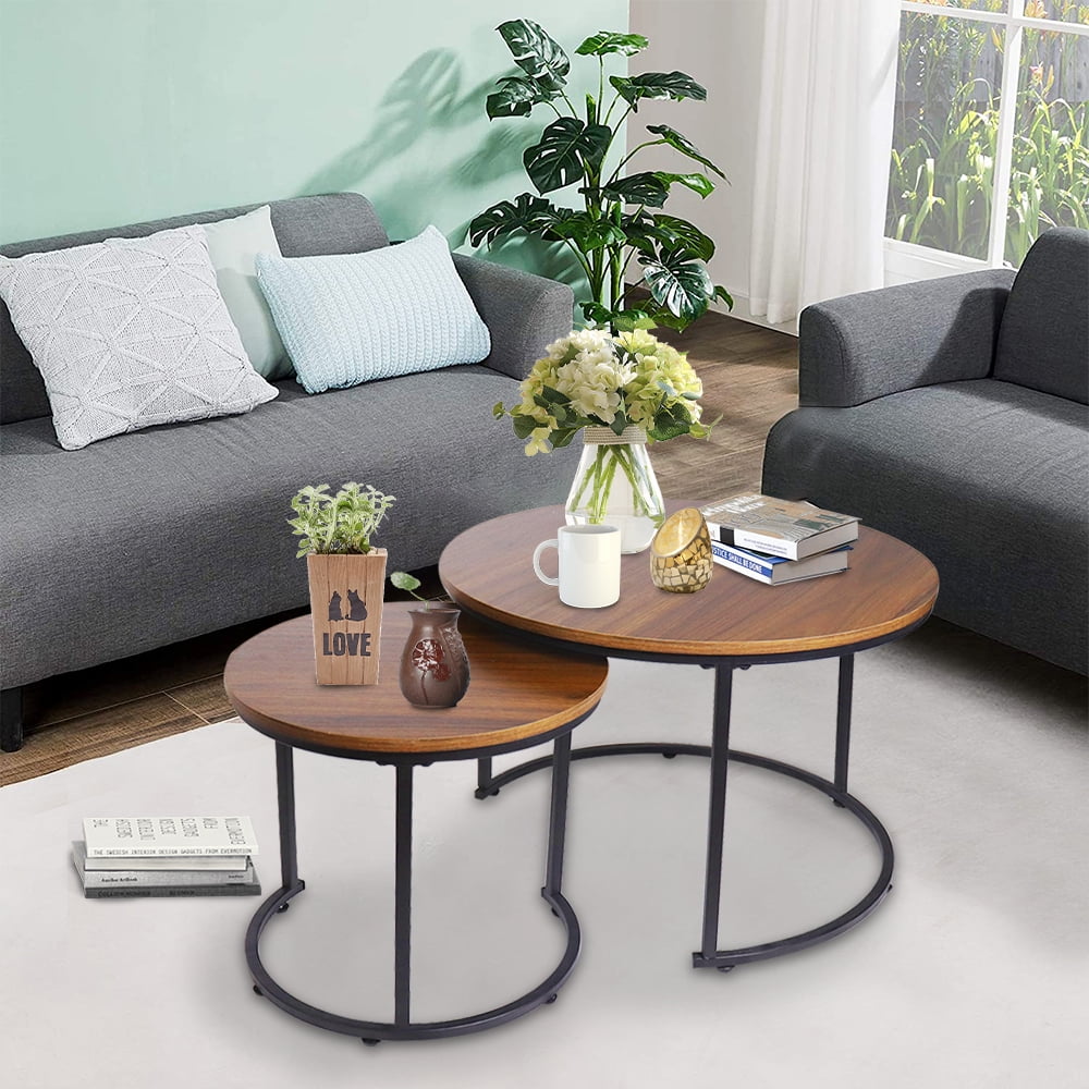 aboxoo Coffee Table Nesting White Set of 2 Side Set Golden Frame Circular and Marble Pattern Wooden Tables, Living Room Bedroom Apartment Modern Industrial Simple Nightstand