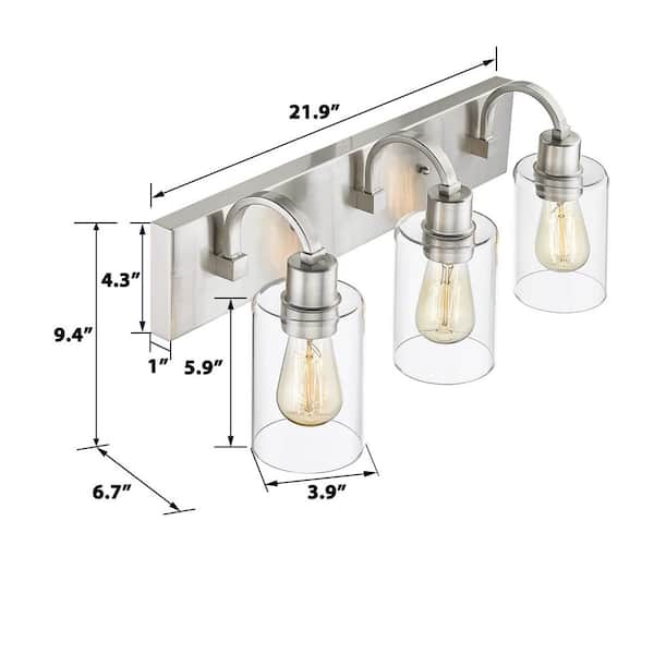 21.9 in. 3-Light Brushed Nickel Vanity Light with Clear Glass Shade Bathroom Light Fixture