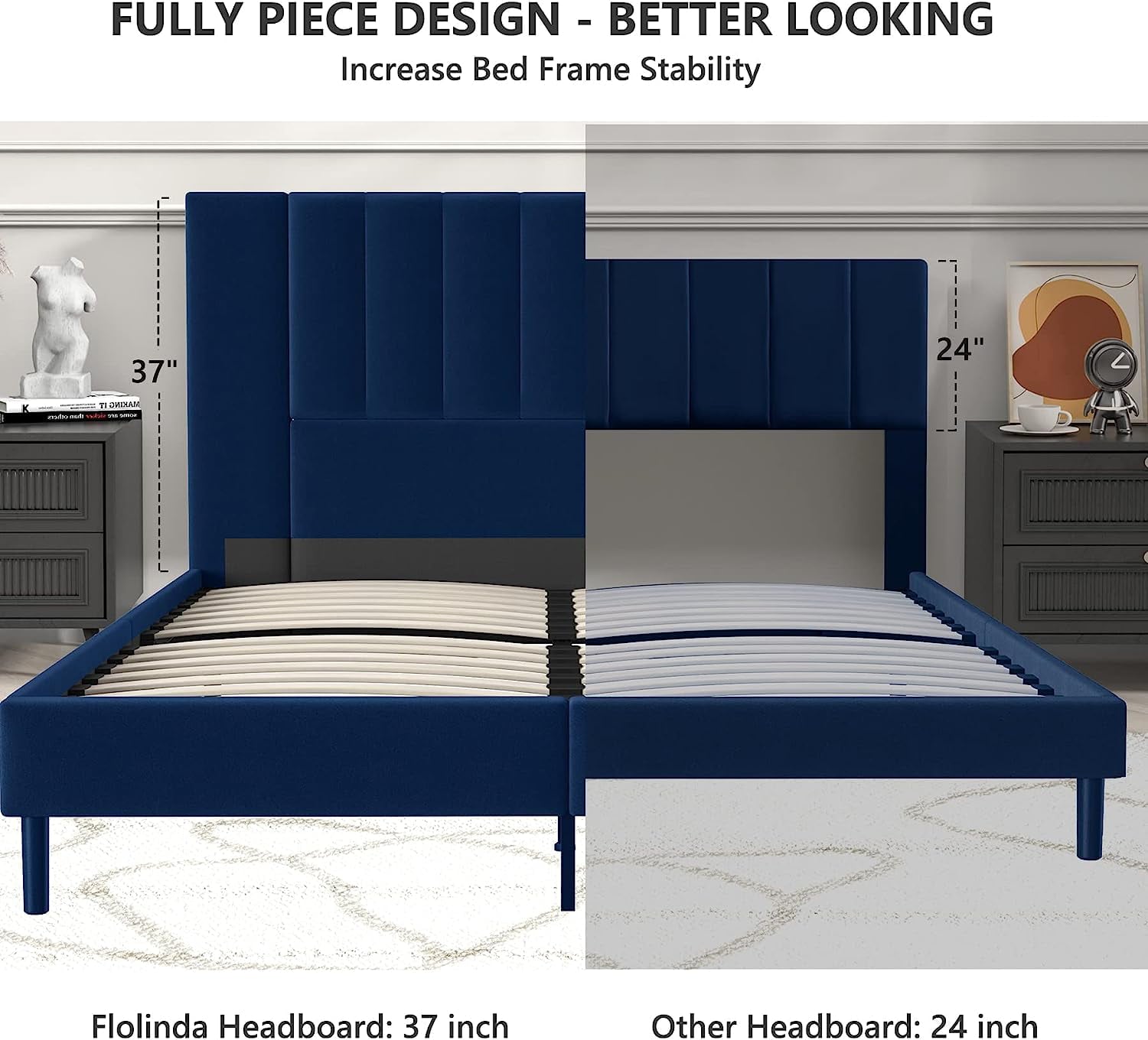 Flolinda King Bed Frame Upholstered Bed Frame with Vertical Channel Tufted Complete High Headboard, Blue