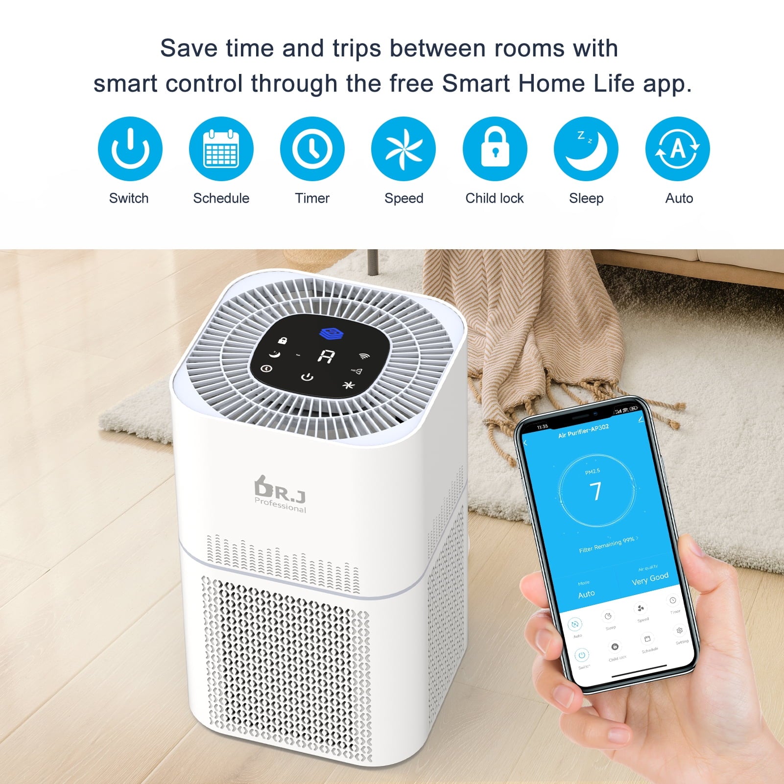 DR.J Professional WiFi Air Purifier with True HEPA Filter, 1350 sq. ft 4-Stage Auto Mode Air Cleaner for Bedroom Living Room Allergies Pets Smoke Dust Mold