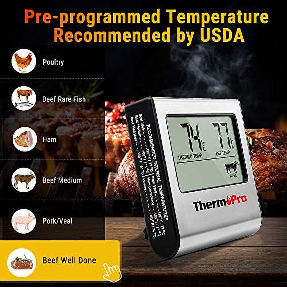ThermoPro TP-16 Large LCD Digital Cooking Food Meat Thermometer for Smoker Oven Kitchen BBQ Grill Thermometer Clock Timer with Stainless Steel Temperature Probe