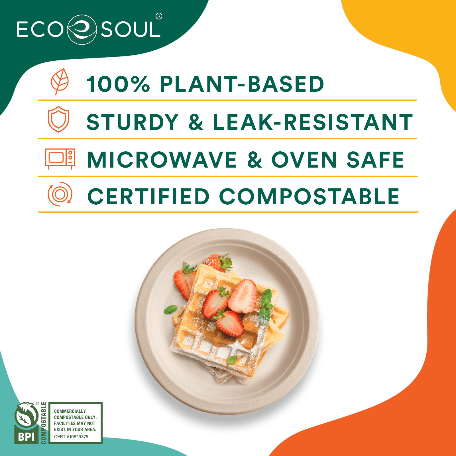ECO SOUL 100% Compostable 9 Inch Bagasse Paper Plates, 50 Counts | Heavy-Duty Disposable Plates | Eco-Friendly Made of Sugarcane Fibers-Natural Unbleached Biodegradable Plates