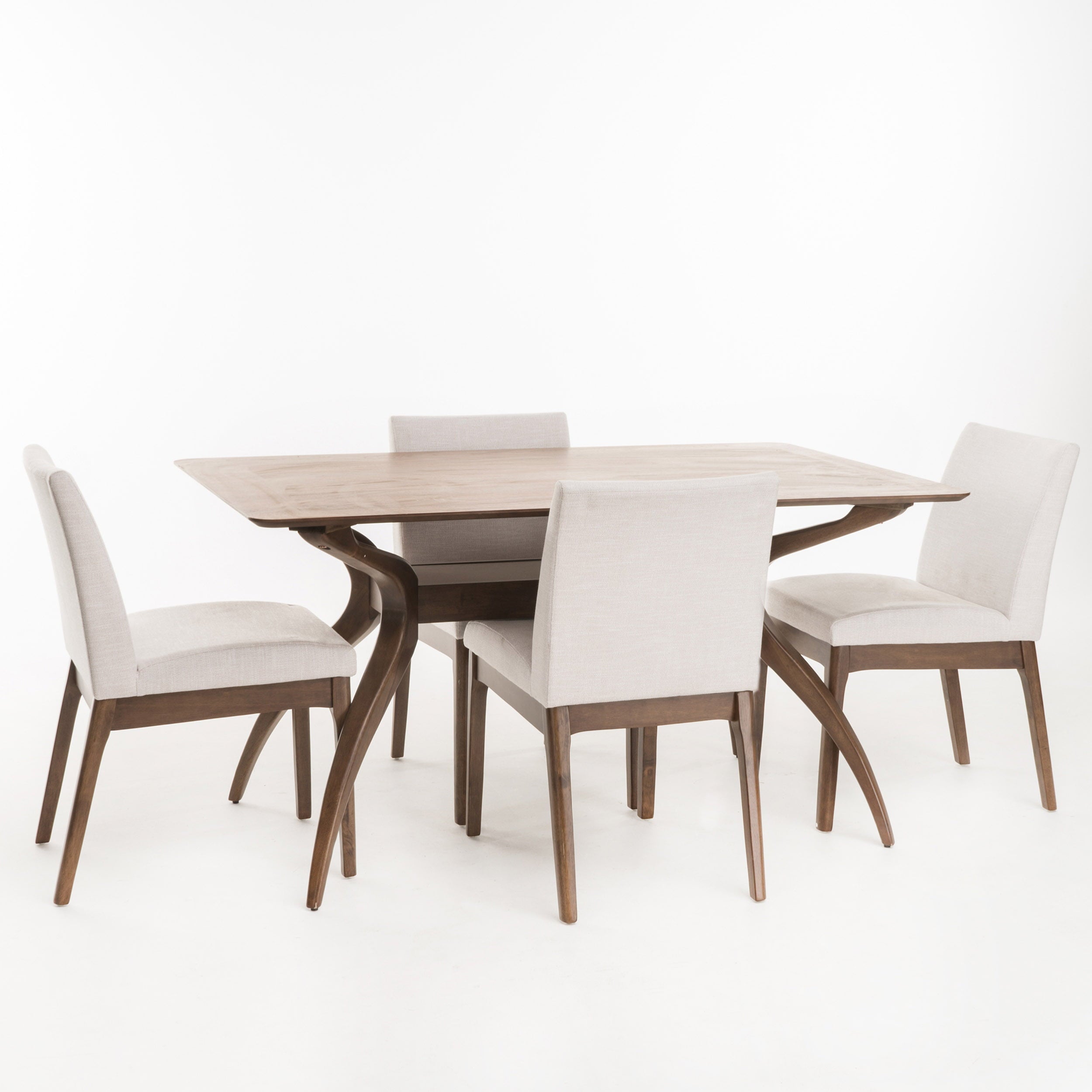 Noble House Caruso Mid-Century Modern 5 Piece Dining Set, Light Beige and Walnut