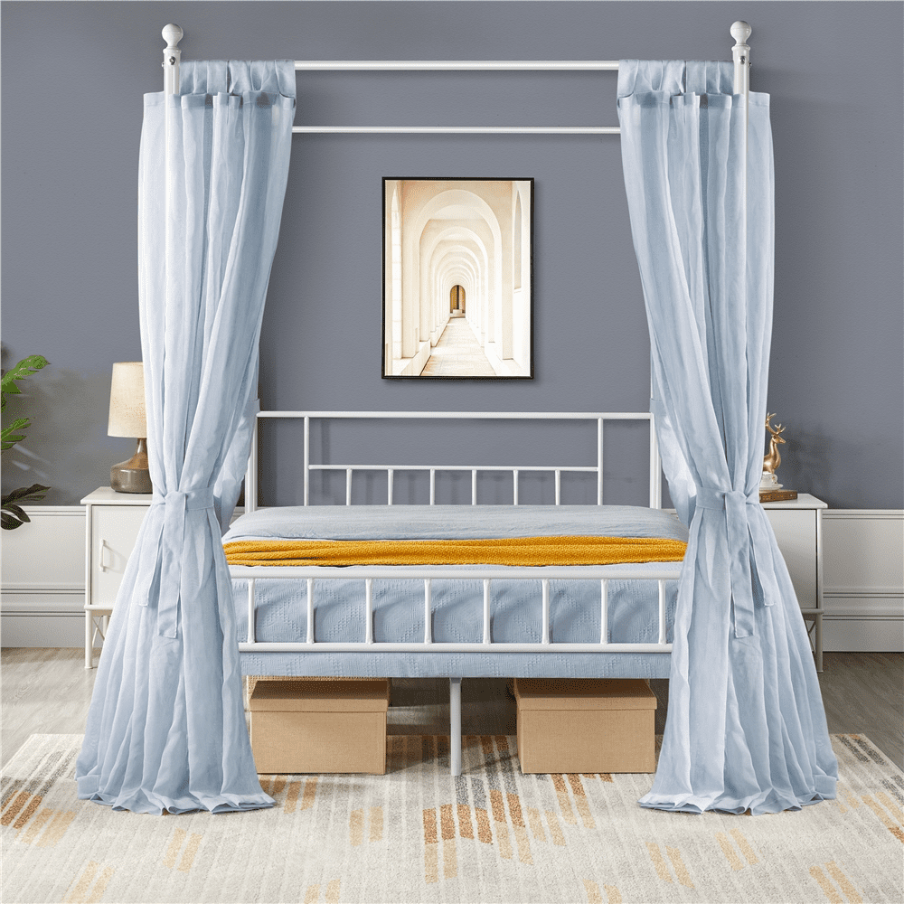 Yaheetech Metal Canopy Bed Frame, Four-poster Canopied Platform Bed with Headboard and Footboard, Queen, White