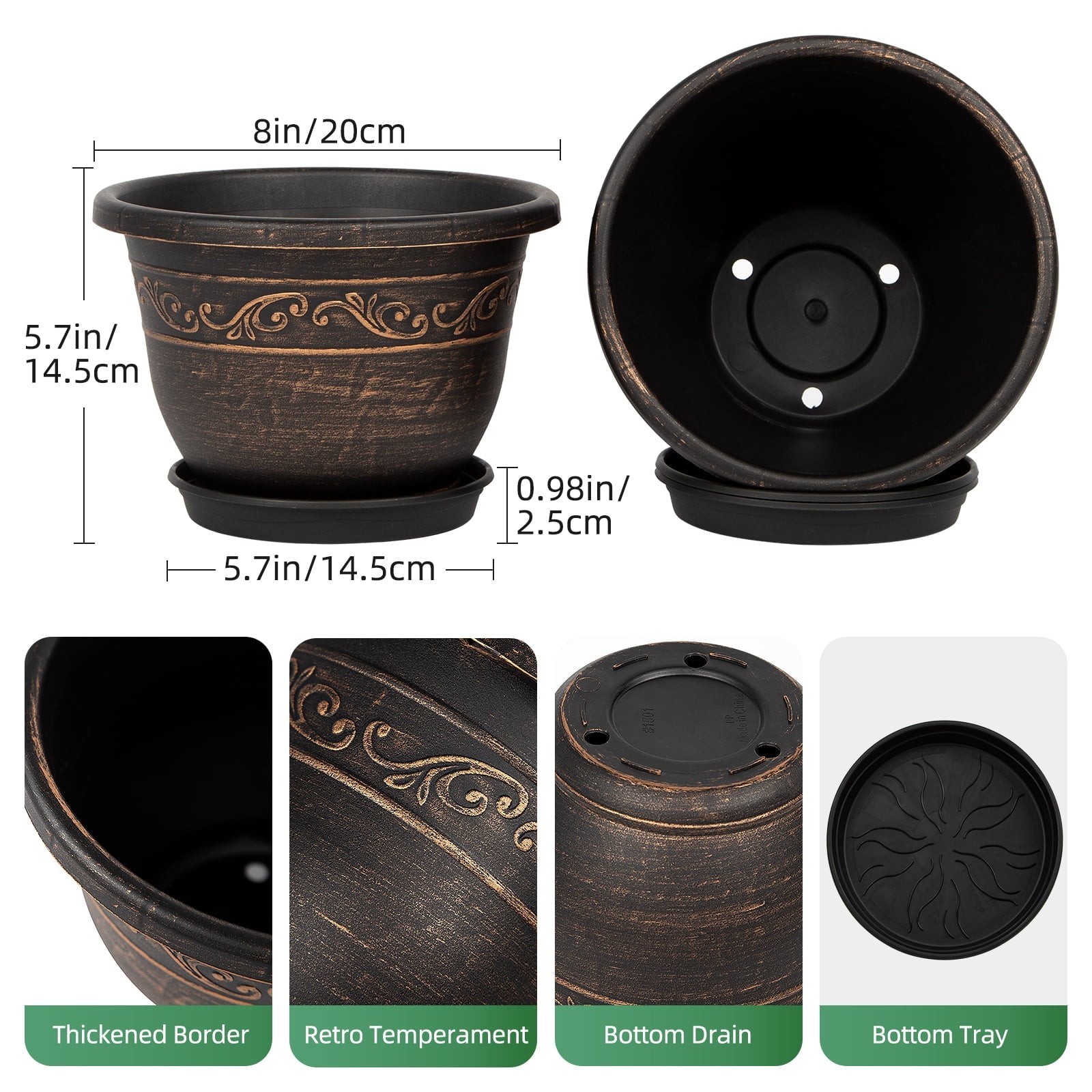 QCQHDU Plant Pots, 3 Packs 8 inch Planters with Drainage Hole Saucer, Plastic Flower Pots for Indoor Plants Retro Decorative for Outdoor Garden Container Sets(Gold-8 inch)