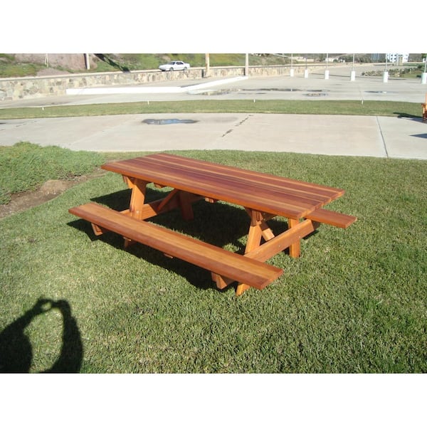 Outdoor 1905 Super Deck Finished 8 ft. Redwood Picnic Table with Attached Benches