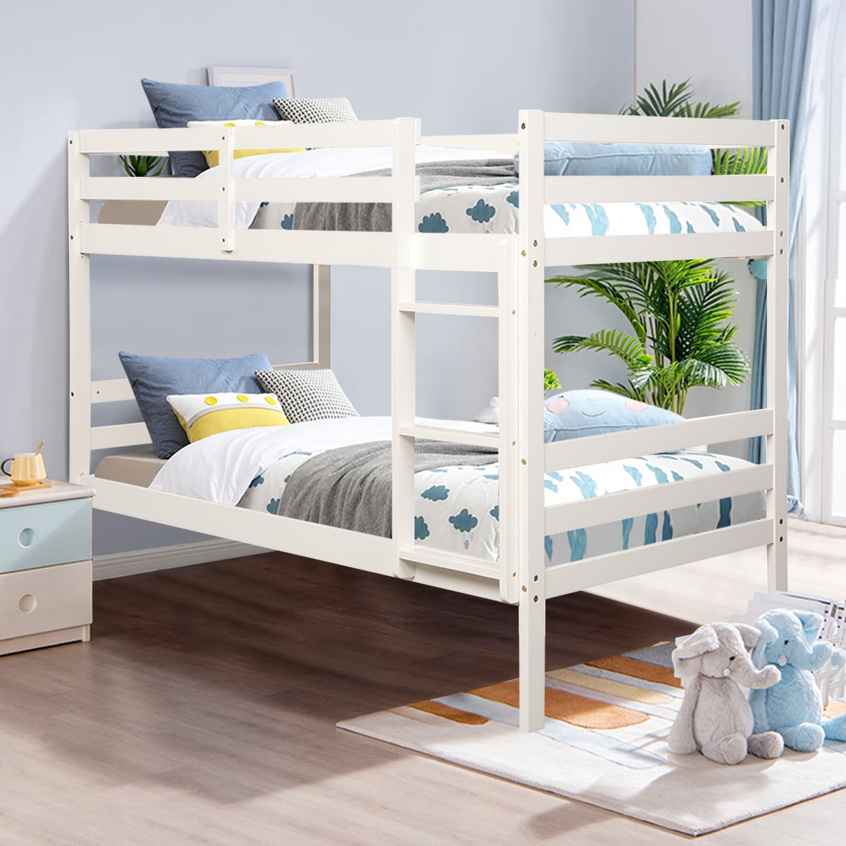 Costway Twin Over Twin Wood Bunk Beds Ladder Safety Rail White