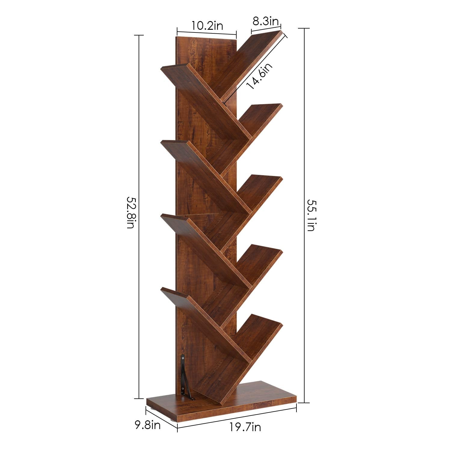 Homfa 9-Tier Tree Bookshelf, Modern Storage Shelf, Floor Bookcase CD Display Rack, Walnut Finish