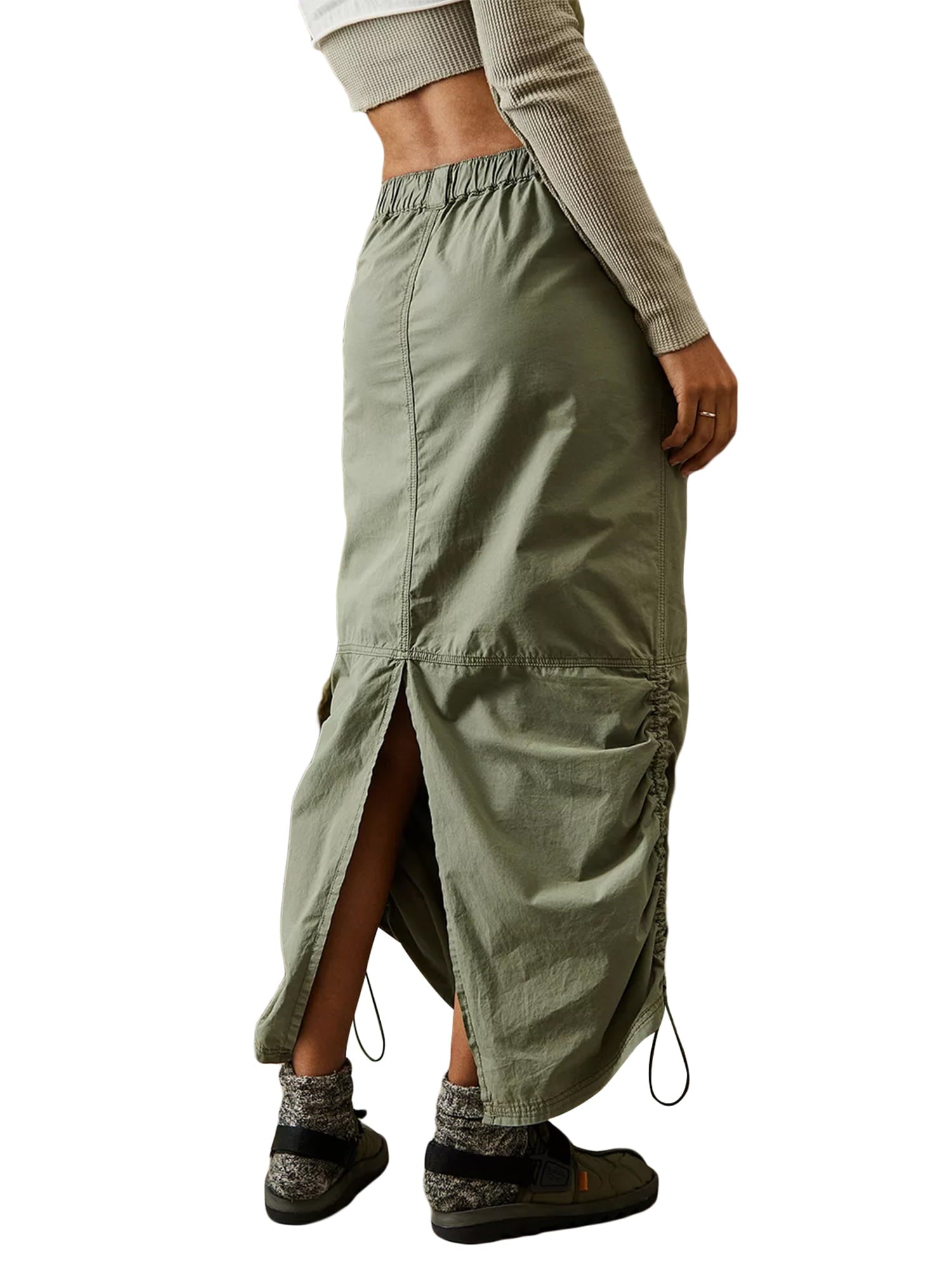 KelaJuan Women Cargo Skirt Summer Casual Elastic Drawstring Ruched Long Skirt with Pockets