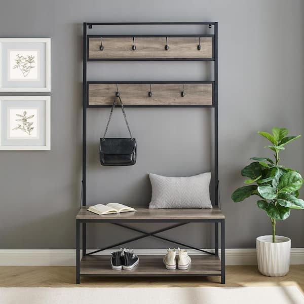 72 in. Grey Wash Industrial Metal and Wood Hall Tree