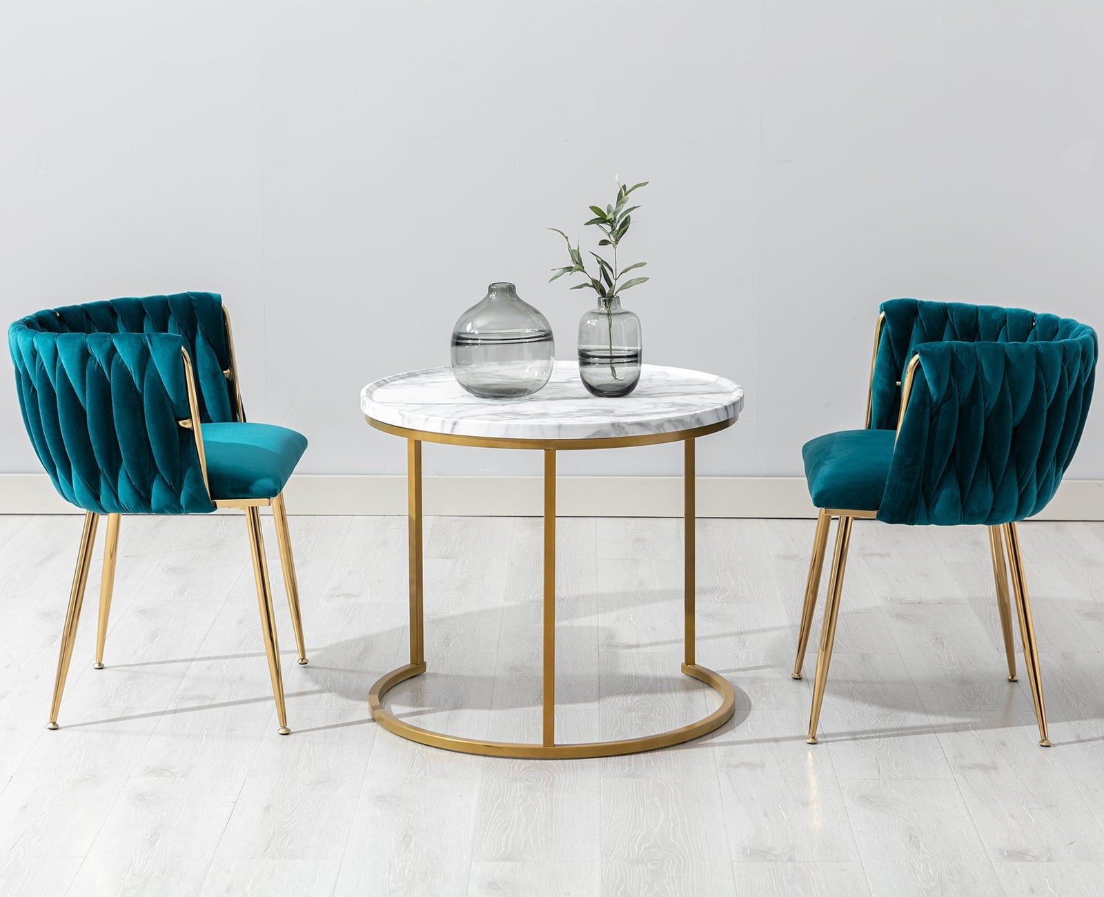 Guyou Velvet Dining Chair Set of 2, Modern Upholstered Accent Side Chair with Woven Back and Metal Legs, Vanity Chair Kitchen Chair for Living Room Dining Room Bedroom, Teal Green