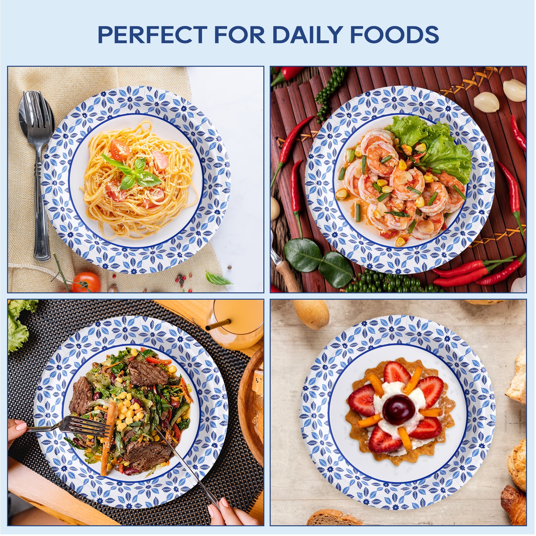 JOLLY CHEF 8.37 inch Blue Paper Plates 140 Count Heavy Duty Printed Disposable Plates