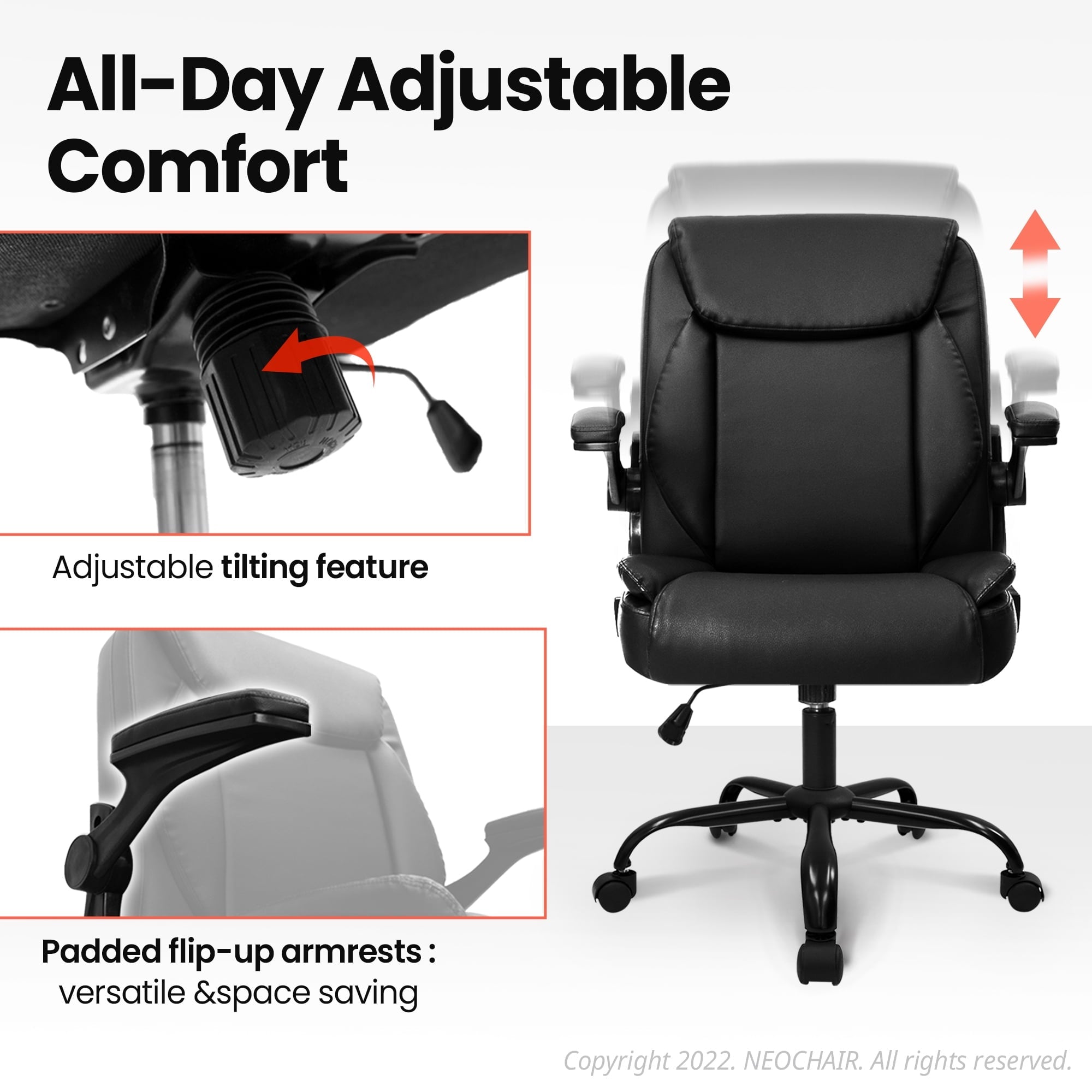 Neo Chair Mid Back Ergonomic Executive PU Leather Chair with Padded Flip-up Arms, Jet Black