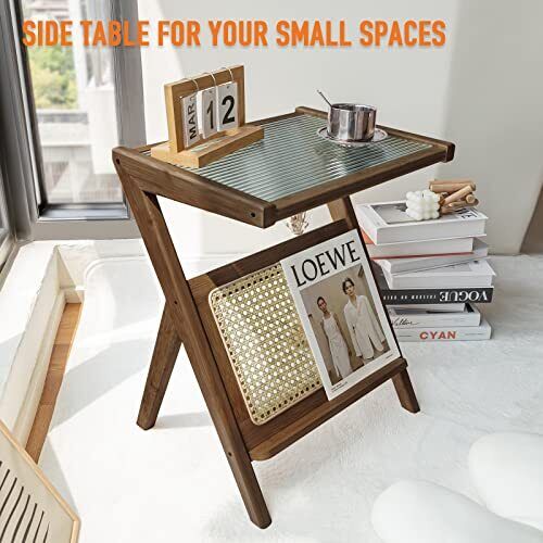 Rattan Side Table Boho NightStand Mid Century Modern End Table Glass Bedside ...