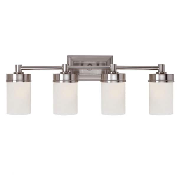 Fusion 27.5 in. 4-Light Brushed Nickel Bathroom Vanity Light Fixture with Frosted Glass Shades