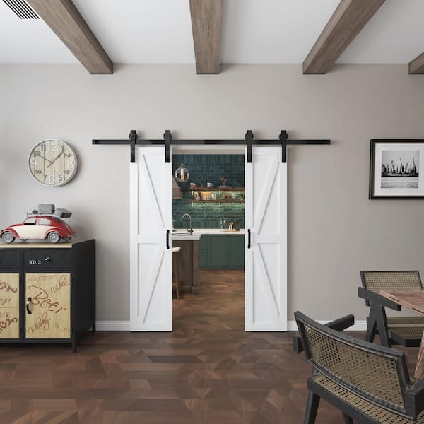 36 in. x 84 in. Paneled MDF Wood Finished K Shape Assembled Split double Sliding Barn Doors with Hardware Kit