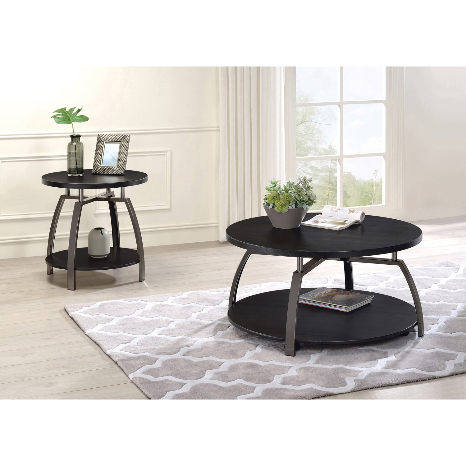 Coaster Company Modern Metal and Wood 2 Tier Round Coffee Table, Black/Nickel