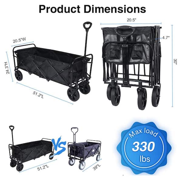 Black 14.76 cu.ft. Metal Heavy-Duty Garden Cart Folding Portable Cart with 8 in. Wheels and Adjustable Handles