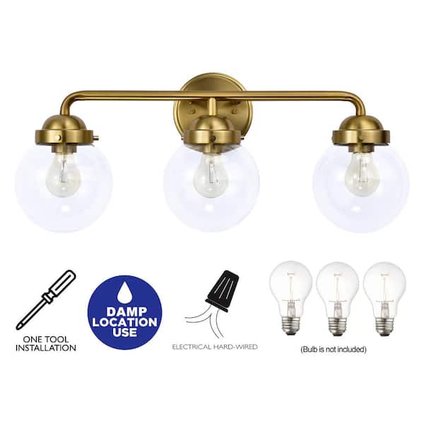 3 Light Antique Brass Vanity Light with Globe Clear Glass Shade