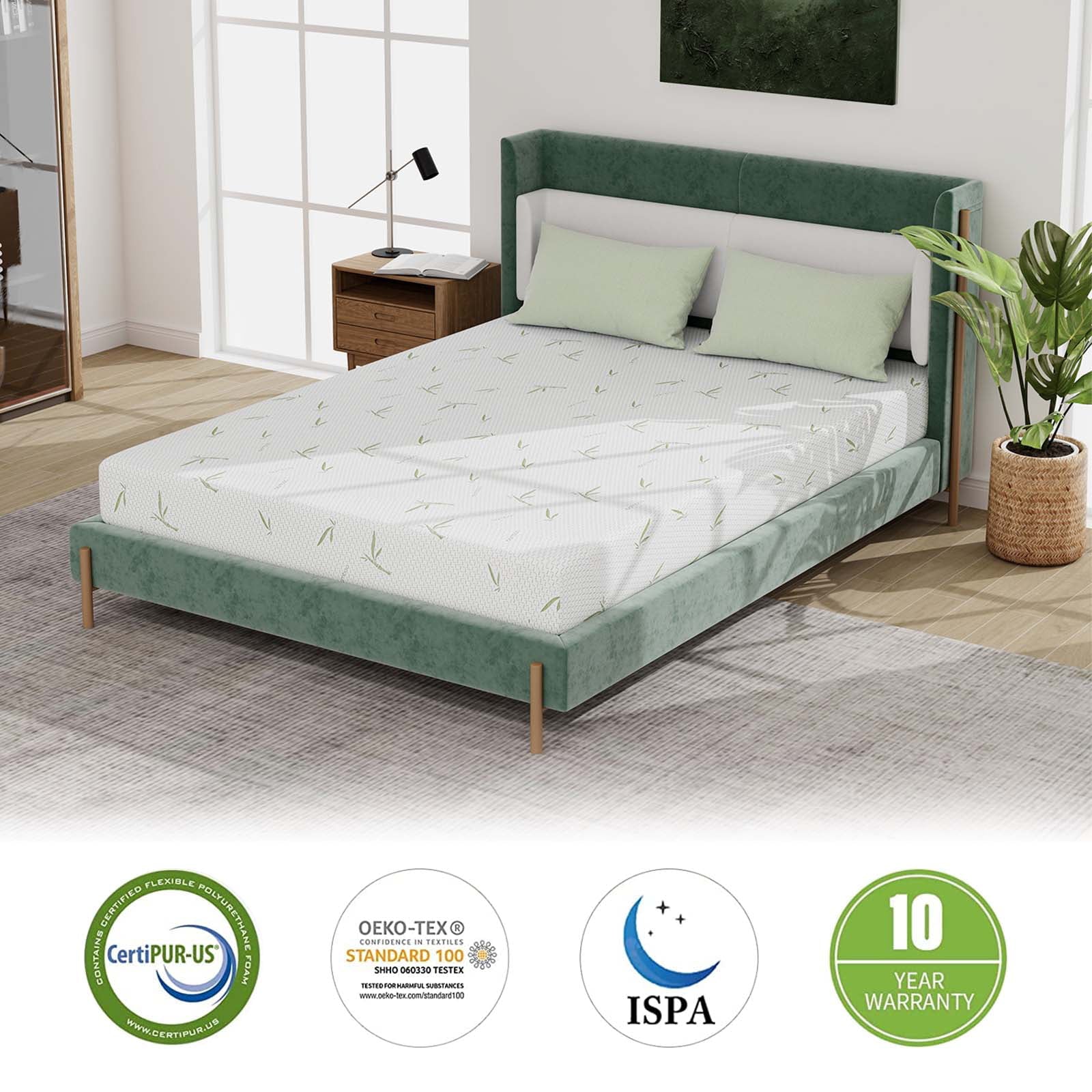 Twin Size Memory Foam Mattress with Bamboo Pattern Cover Breathable Bed Mattress in a Box, CertiPUR-US, Made in USA
