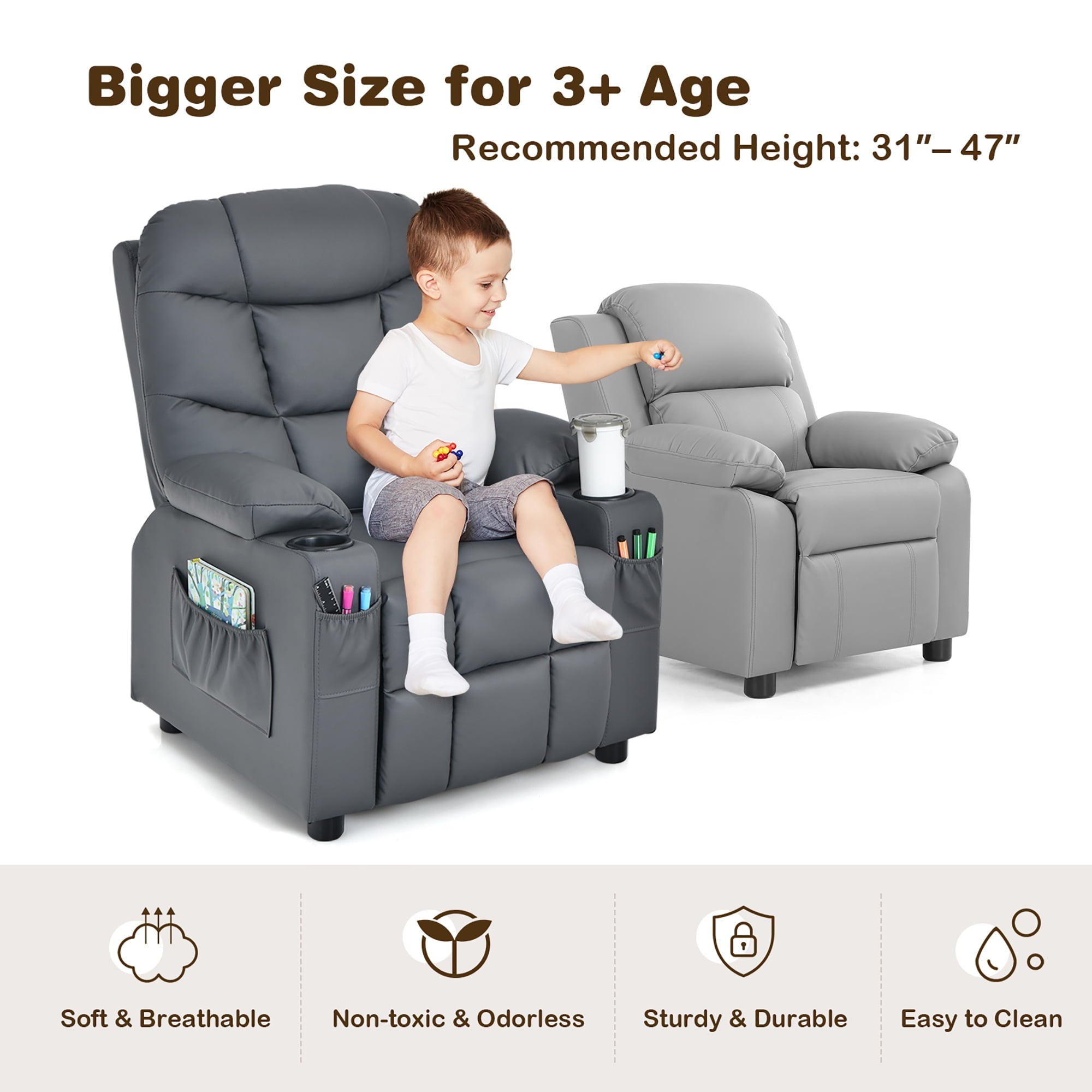 Costway Kids Youth Recliner Chair PU Leather w/Cup Holders & Side Pockets Grey