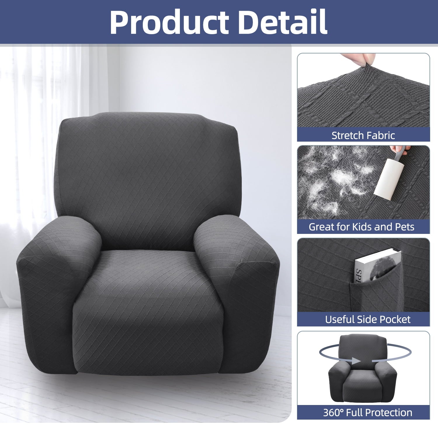 100% Waterproof Elastic Recliner Cover, 4-Piece Leakproof Jacquard Recliner Chair Slipcover Protector with Side Pockets for Kids, Pets, Dog and Cat (Dark Gray)