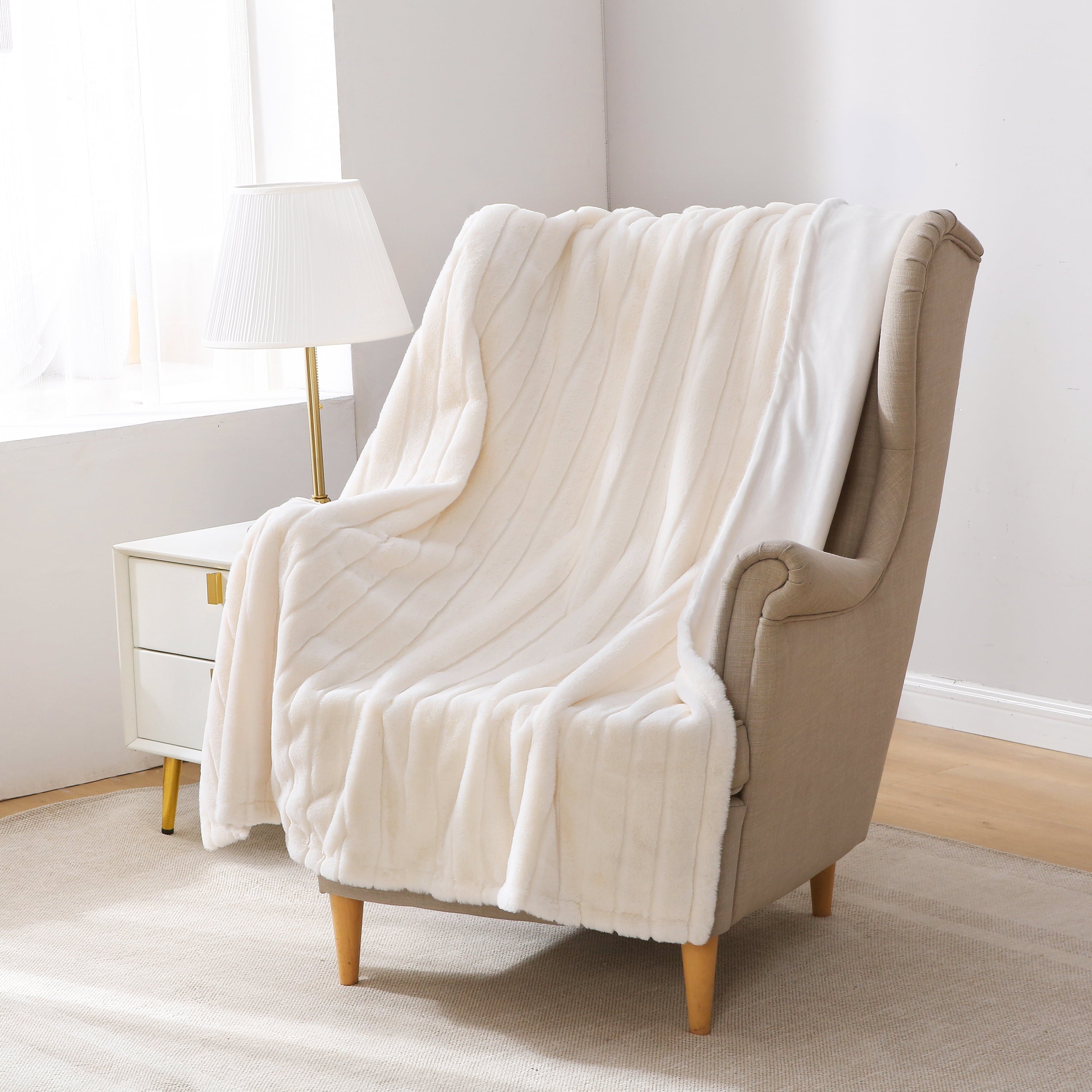 Mainstays Cream Stripe Faux Fur Throw Blanket, 50