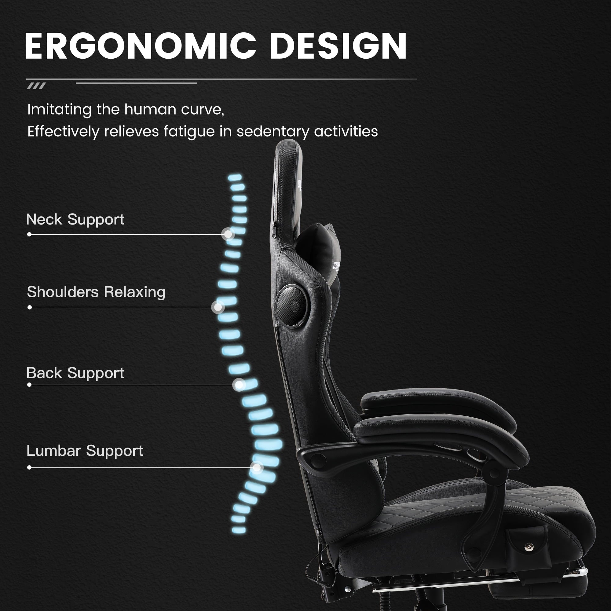 GTRACING GTW-100 Reclining Office Gaming Chair with Bluetooth Speakers and Footrest, Black